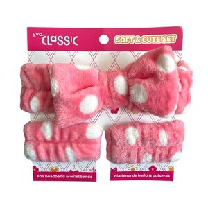 Yvo Classic Spa Headband Wristbands Set Soft Cute Pink White Polka Dot